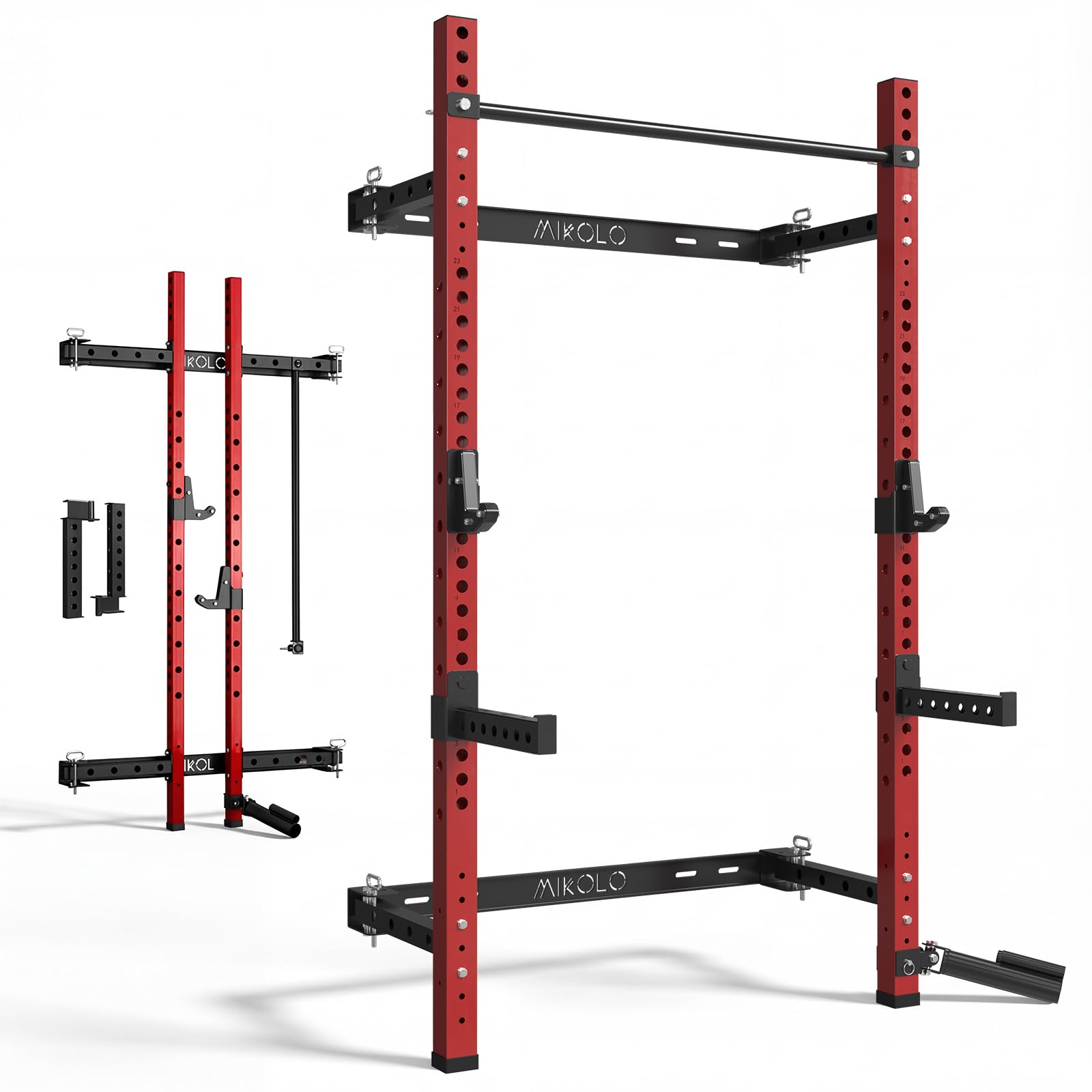 Mikolo 2" x 2" Folding Wall Mounted Squat Rack, 1000 Pounds Capacity Power Rack with Pull Up Bar, J Hooks and Other Attachments, Space-Saving Home Gym