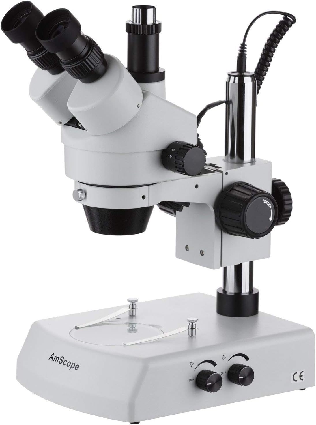 AmScope SM-2TZ Professional Trinocular Stereo Zoom Microscope, WH10x Eyepieces, 3.5X-90X Magnification, 0.7X-4.5X Zoom Objective, Upper and Lower Halogen Lighting, Pillar Stand, 110V-120V, Includes 0.5X and 2.0X Barlow Lenses