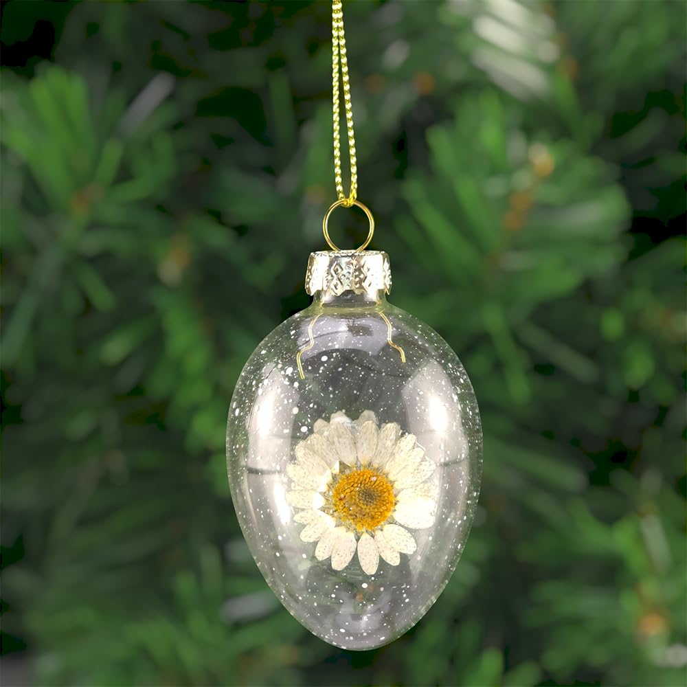 Crafty Capers White Pressed Daisy | Hanging Glass Easter Egg Ornament | 7.5Cm Tall | Gisela Graham