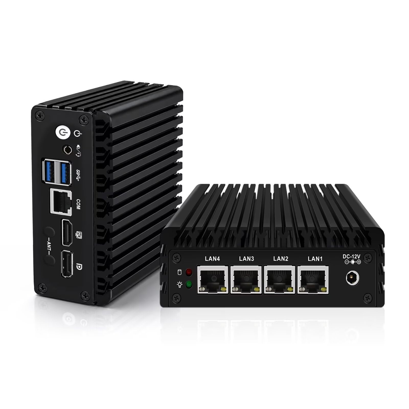 Micro Firewall Appliance, Fanless Mini PC J3710 4C/4T, 4x 2.5 GbE i225-V LAN,AES-NI,DDR3 8GB SSD 128GB Router Netzwerk Security USB3.0/HD/DP/Console RJ45 Port/Wi-Fi, Dual Display