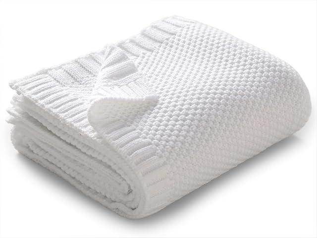 mimixiong Baby Boy Girl Soft Cosy Knitted Blanket Pram Cot Moses Basket Travel Baby Blankets, 80 x 100cm (White)
