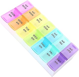 大型ピルオーガナイザー、 トラベル用デイリーピルケースボックスホルダー、 医薬品プランナー（ビタミン用）、 医薬品、 フィッシュオイル、 サプリメント、 14 コンパートメント、 カラフル