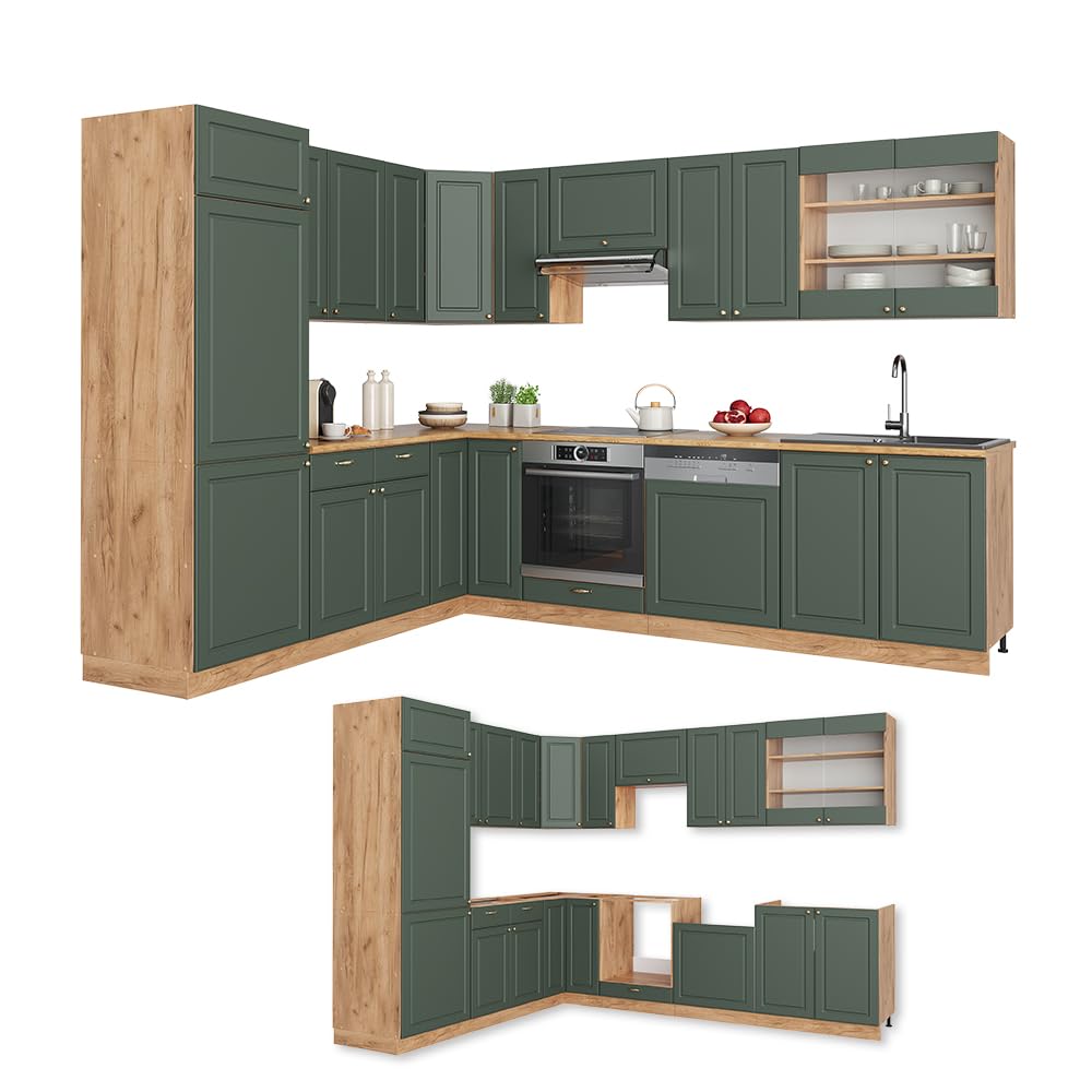 Vicco Cuisine en Angle Fame-Line Vert Or Campagne/Chêne doré 287x227 cm | 14 Modules · Pieds réglables en hauteur · Sans plan de travail · Façades en MDF · Softclose · Poignées en métal