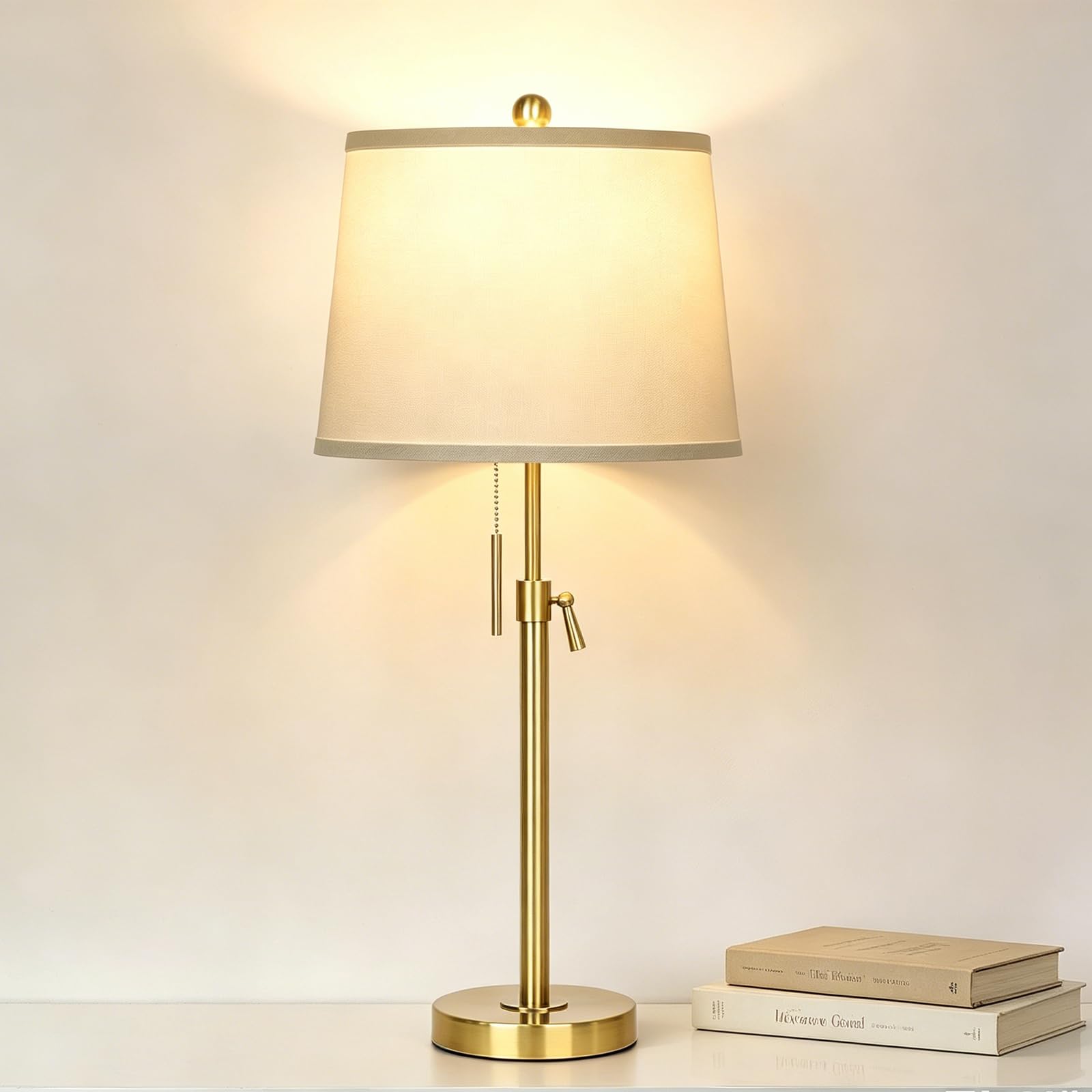 JUNNAI Bedside Lamps, 56-76CM Height Adjustable,Tall Table Lamp for Nightstand/Bedroom/Living Room/Study Room, 3 Colors Temperature,Fabric Lampshade,E27 Socket,9W Bulb Included, Gold