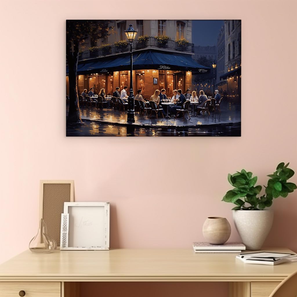 Canvas for Living room. Parisian Nights � The Intimate Charm of Fritho's Street Cafe in the Rain, 27 x 18 inch Canvas Wall Art - Modern Home Decor