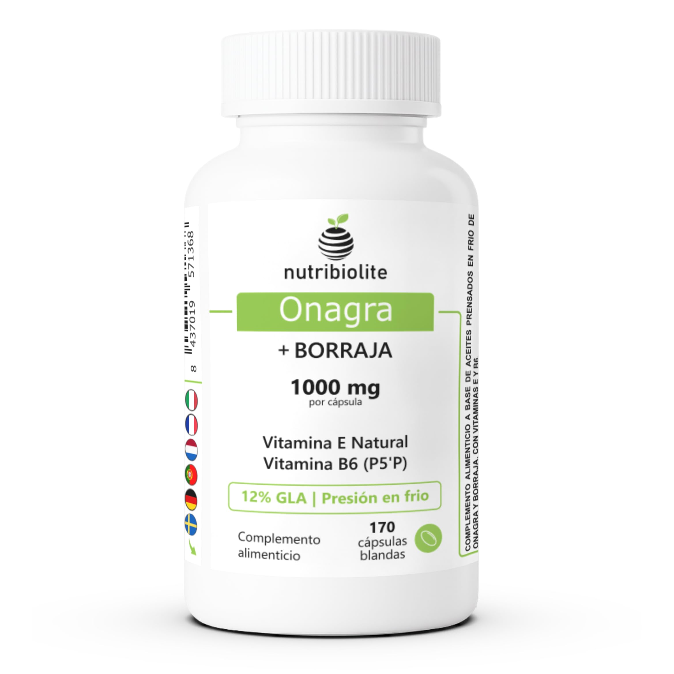 Huile d'Onagre et Bourrache - Pressées à Froid 1000 mg 12% de GLA - Vitamine B6 P5'P + Vitamine E Naturelle - Équilibre Hormonal, SPM, Ménopause et Santé de la Peau – 170 Perles | Nutribiolite