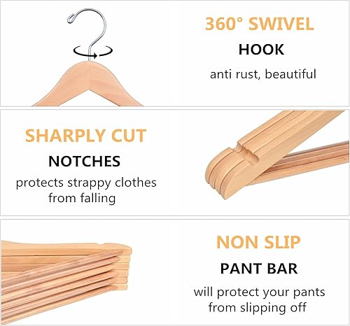 Miniatura 3 de Amber Home Perchas de madera natural de 15 pulgadas para mujer, paquete de 20 perchas de ropa para adolescentes para camisa, chaqueta, perchas de