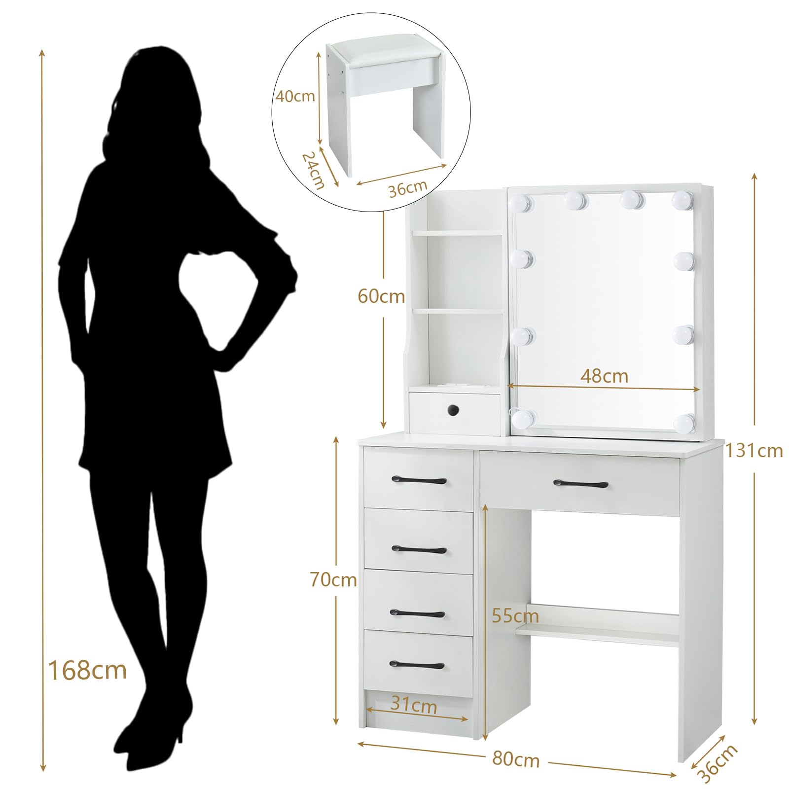 LIANWANG Make-uptafel met spiegel, make-uptafel met ledlicht, 3 kleurtemperaturen, instelbare helderheid, 6 laden, 1 kruk, kaptafel voor je dochter, 131 x 36 x 80 cm