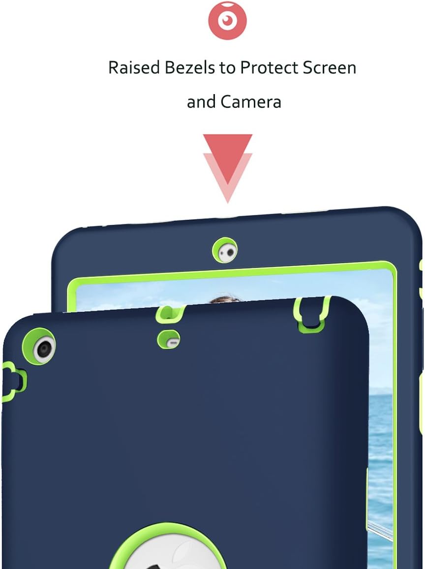 Hocase iPad Mini 2/3 Case, Heavy Duty Shockproof Protection Hard Plastic+Silicone Rubber Bumper Hybrid Dual Layer Protective Case for iPad Mini 1/2/3 (7.9-inch Display) - Navy Blue/Lime Green