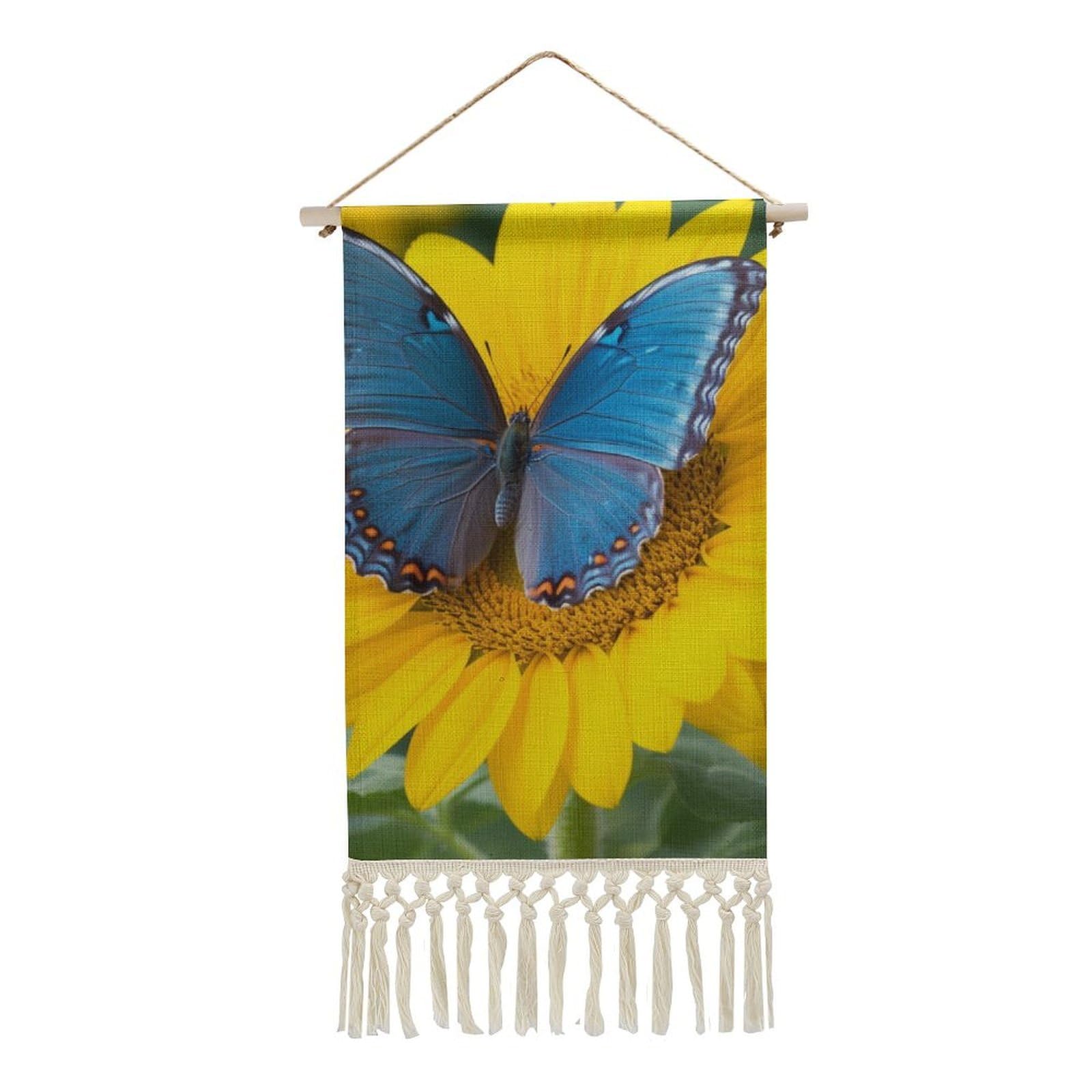 BTCOWZRV Cotton And Linen Hanging Poster with Tassels, Sunflower Blue Butterfly Wall Hanging Tapestry Vintage Wall Art Painting Modern Artwork Decoration for Home Decor Ready to Hang 10x19.6 in