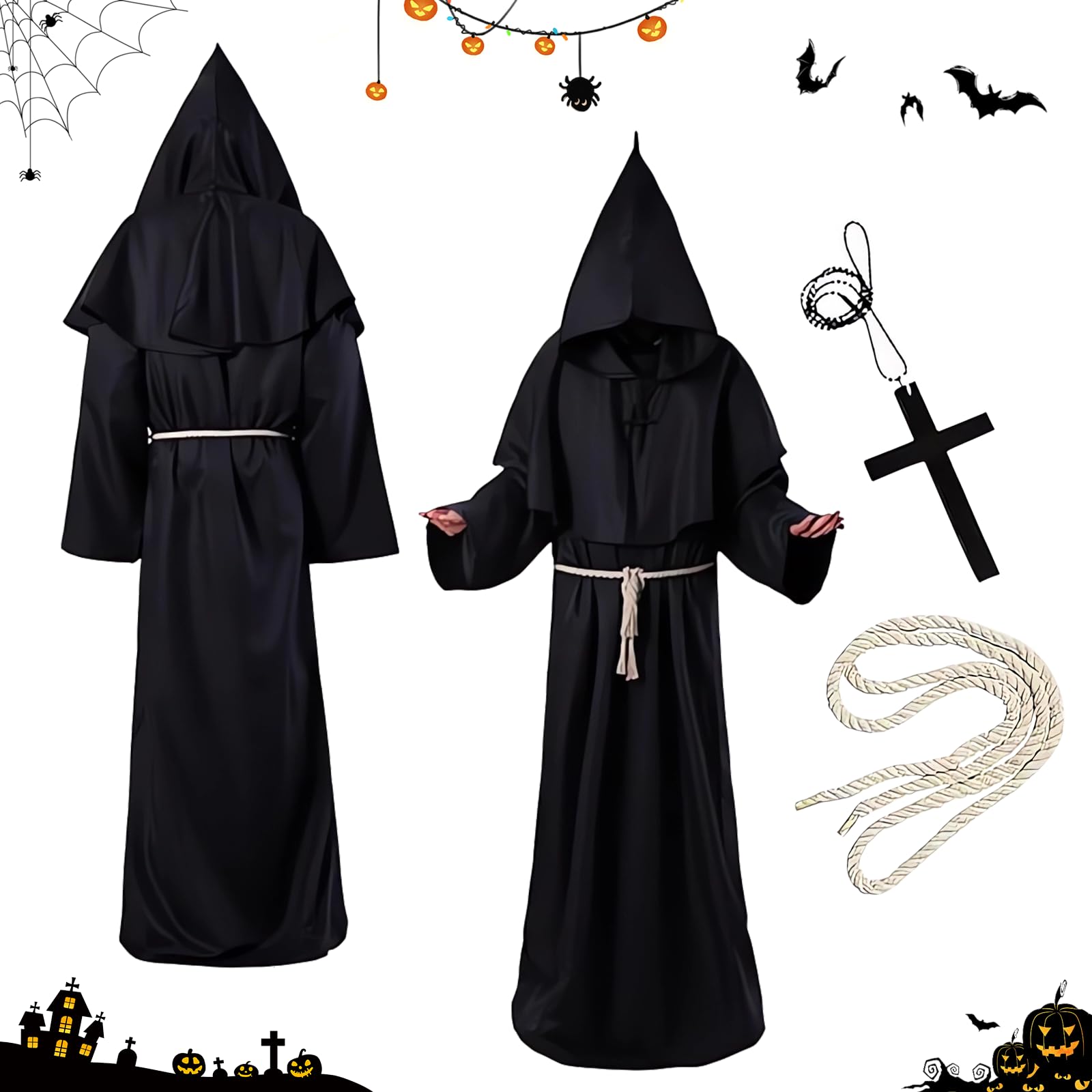 Disfraz de Monje, Disfraz de Sacerdote Hombre, Traje Sacerdote Túnica Medieval, Monje Renacimiento Traje con Capucha, Cinturón y Collar de Cruz, para Fiestas, Cosplay, Carnaval
