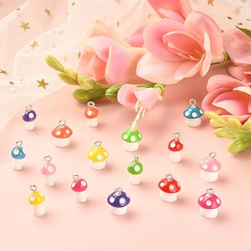 Miniatura 5 de KitBeads 32 dijes de hongos de estilos mixtos 3D para comida y verduras, encantos de Pascua, coloridos dijes de resina para hacer joyas, pulseras a