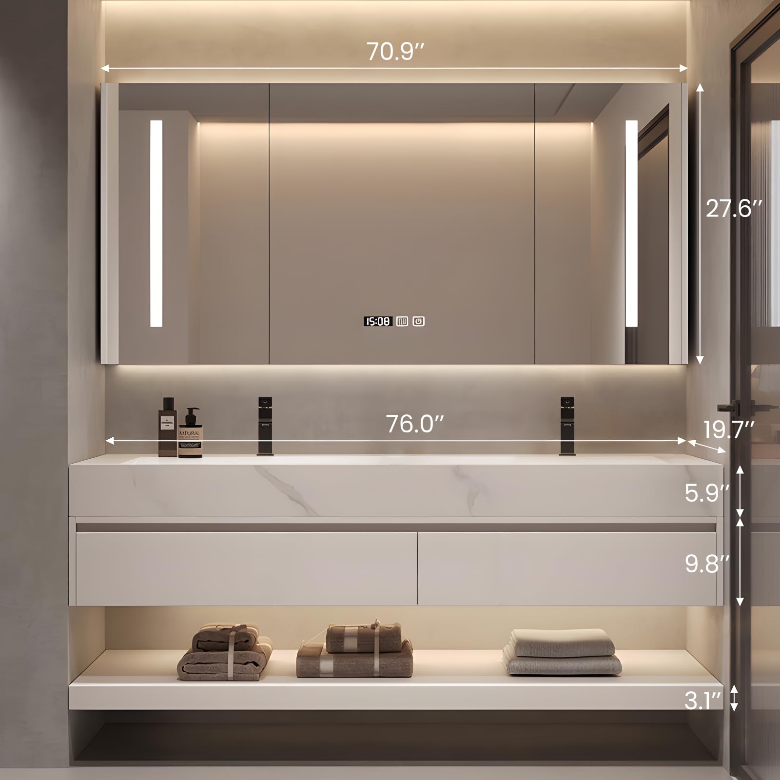 Mueble de baño de 193 cm, lavabo individual con espejo LED inteligente que se desempaña, iluminación LED, visualización de tiempo, fregadero de cerámica, cajones de cierre suave, totalmente premontado
