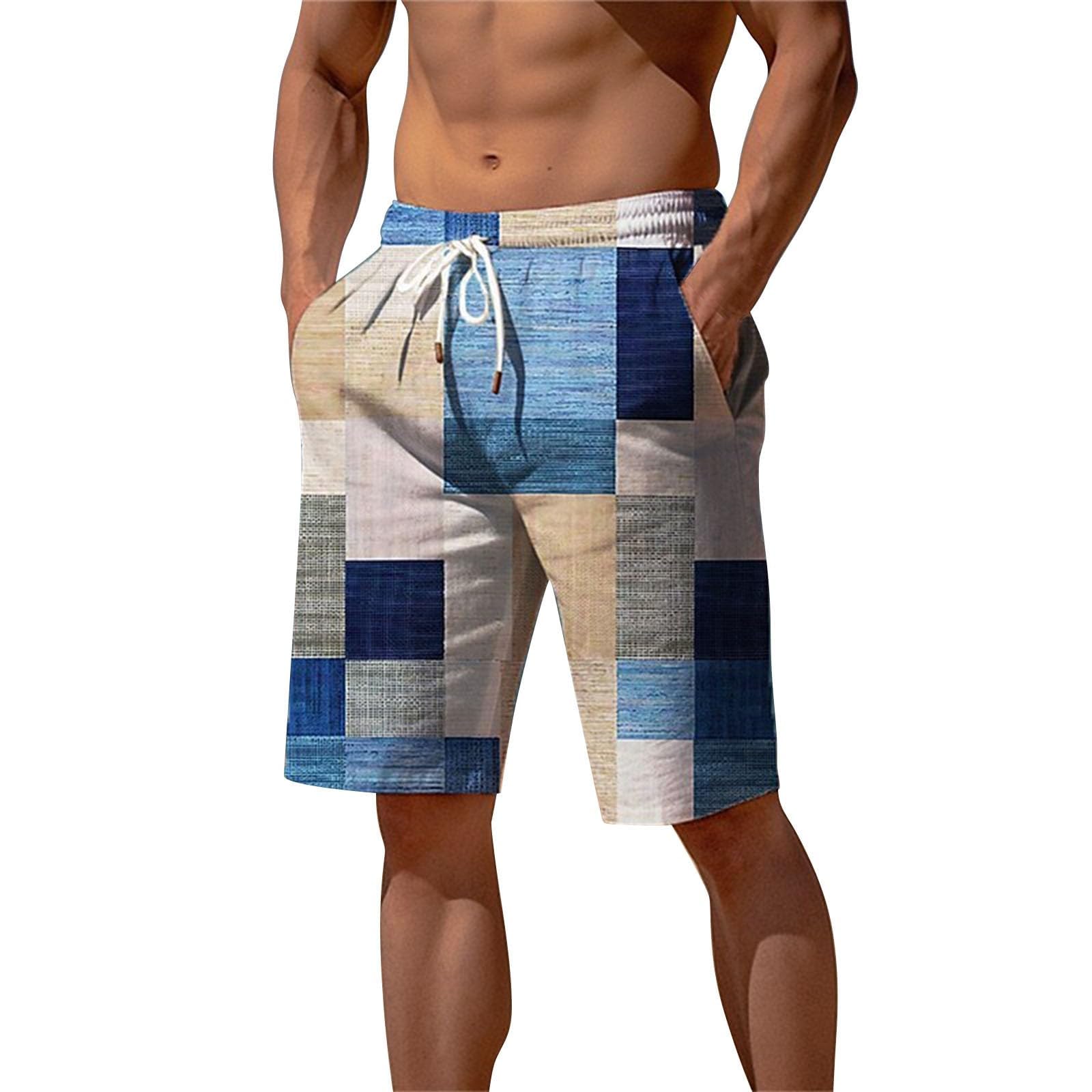 Mens Casual Hawaiian Shorts Summer Plaid Bermuda Short Pants Stretch Waist Classic Vintage Plaid Yoga Beach Shorts