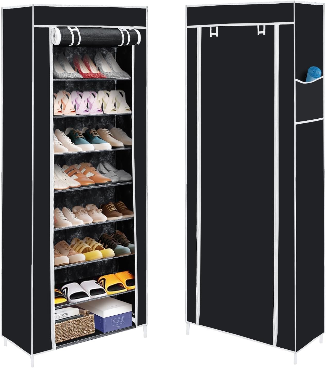 Minifactory 9 Tier Shoe Cabinet Storage Organiser, Dustproof Shoe Cabinet with Zipper Cover, Holds up to 27 Pairs, Space Saving Shoe Storage Rack for Bedroom, Hallway, Entryway & Living Room (Black)