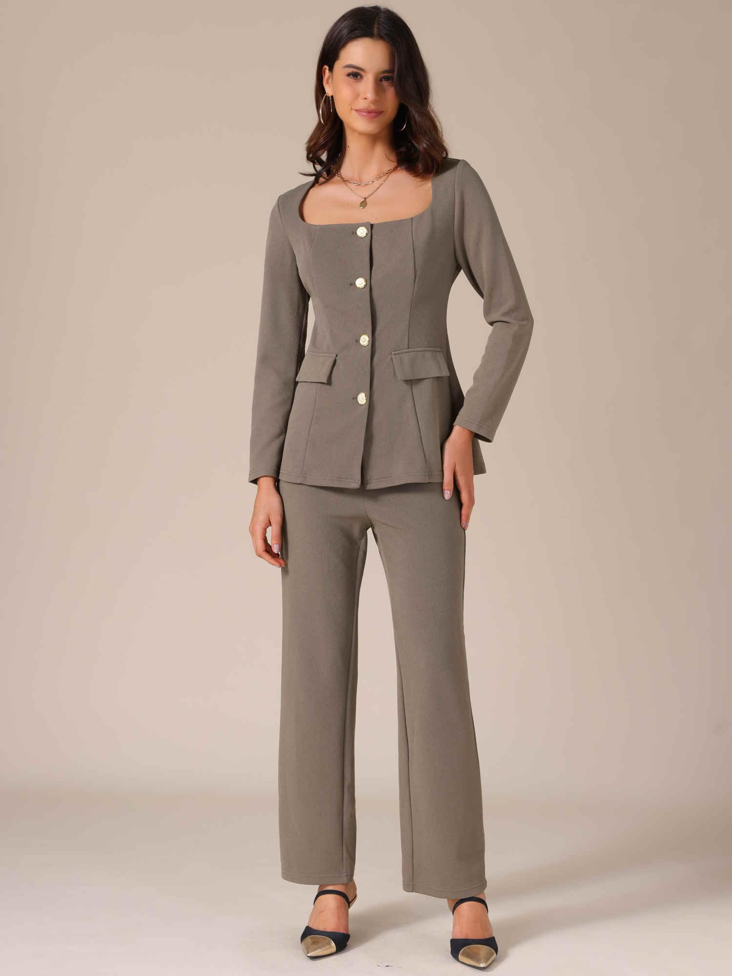 Allegra K Donna Elegante Business Blusa Scollo Quadrato e Pantaloni Lunghi