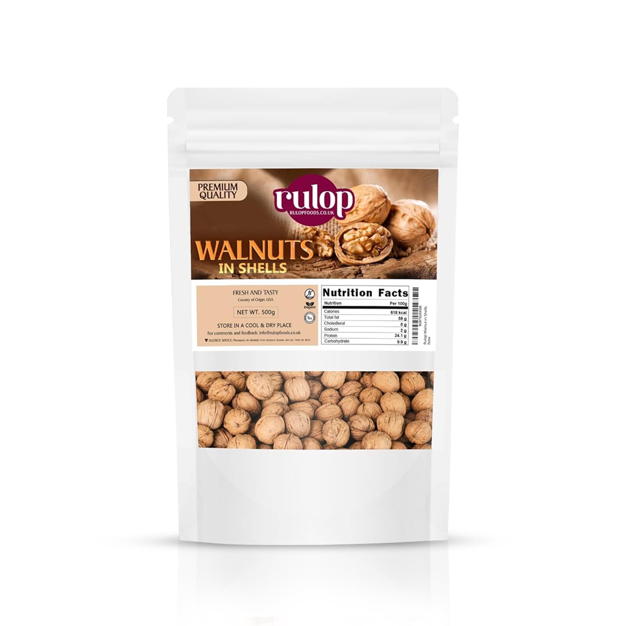 Rulop Walnuts in Shells 500g, Chilian Walnuts, Vegan and 100% Natural, Packed in a Resealable Pouch to Maintain Freshness