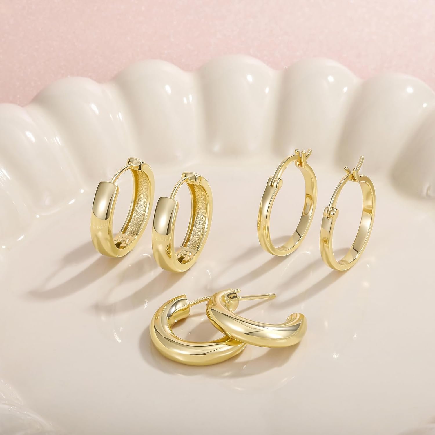 14K Gold Plated Hoop Earrings for Women Ladies Trendy Huggie Hoops 3 Pairs Chunky Open Lightweight Dainty Hypoallergenic Earrings Set - Image 2