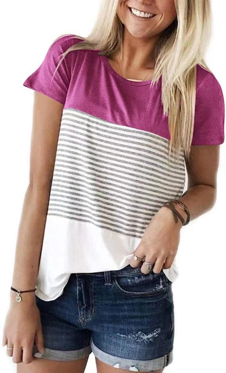 Womens Crew Neck Short Sleeve Tees Color Block Striped T-Shirt Casual Loose Fashion Tee Tops