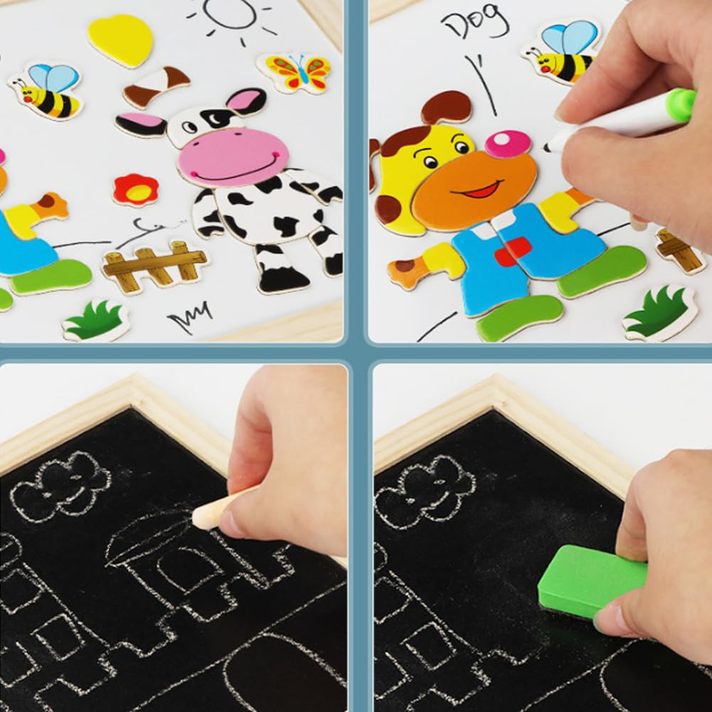 Wolkenschaukel 2 in 1 Montessori Zeichentafel, Magnetisches Holzpuzzle, 163 Stück Tiermuster Pädagogisches, Doppelseitige Magnettafel Kinder, Montessori Spielzeug ab 2 3 4 Jahre (A)
