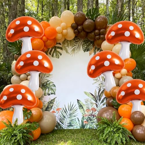 Image of Vuzvuv 30 Inches Brown Foil Mushroom Balloons, Video Game Mushrooms Party Decoration for Birthday, Theme Parties, Spring Holiday Picnic, Forest Plant Theme Decor（6Pcs）