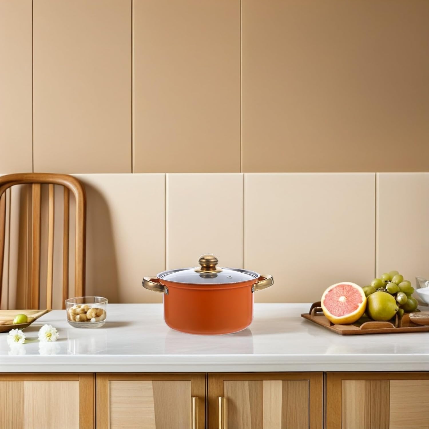 10pcs Stainless Steel Cookware Set with Stock Pot and Saucepan, Induction Compatible Kitchen Pot Set with Orange Handles, Glass Lids for Cooking Soup, Stew, and Pasta