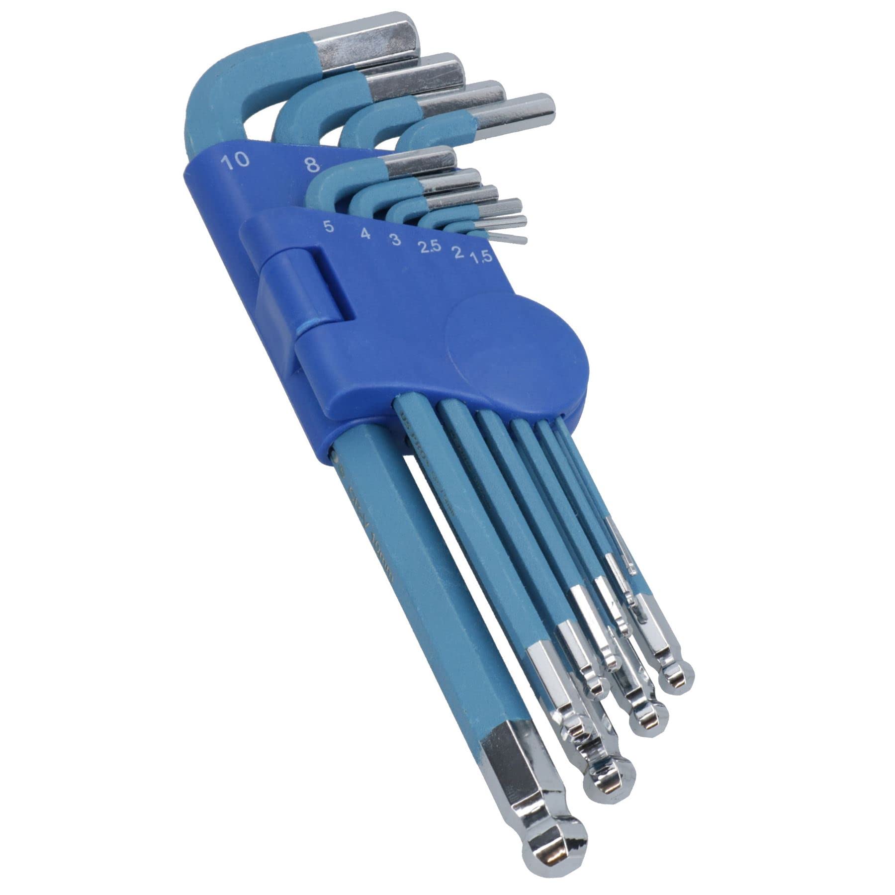 Ab Tools Blue 10Pc Long Coloured Allen Hex Ball Ended Keys Set With Holder 1.5Mm – 10Mm