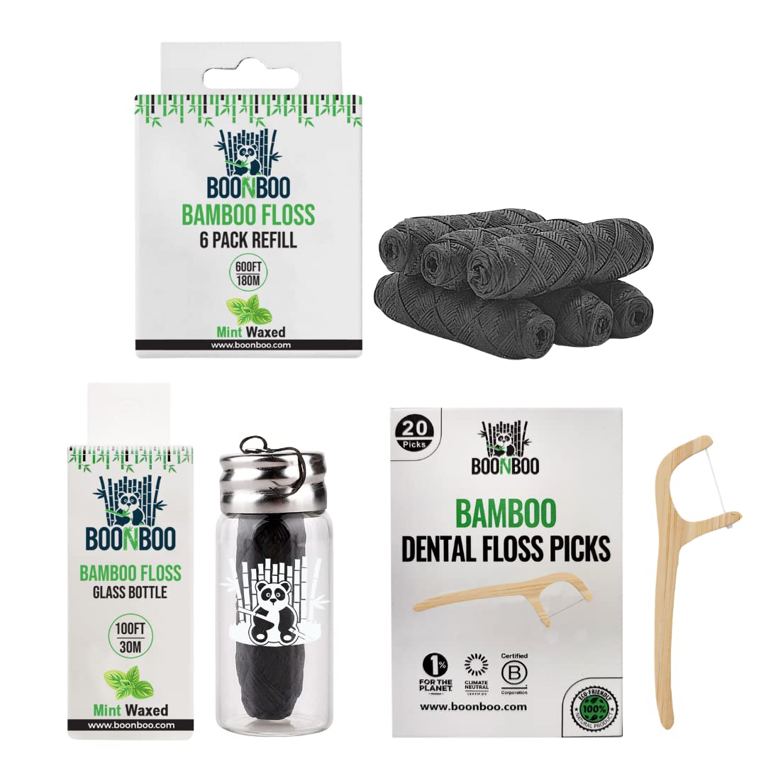 BOONBOO Dental Floss Glass Bottle 8 Pack Refill 20ct Bamboo Picks