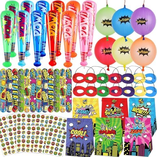 12Sets Hero Themed Super Party Favors with Inflatable Bat Paper Gift Bag Balloon Slap Bracelet Hero Eye Mask Sticker Comic Hero Theme Party Supplies for Birthday Classroom Game Activities image 4