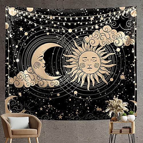 Image of HASTHIP Polyester Sun and Moon Tapestry - Aesthetic Black Dark Spiritual Wall Art for Bedroom, Living Room Decor (51 inchX59 inch)