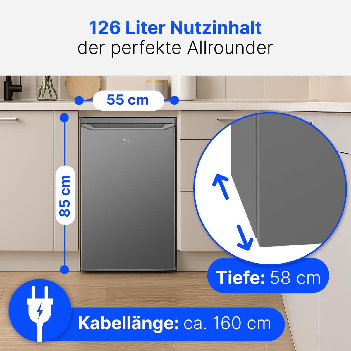 Lodówka Bomann® bez zamrażarki, Klasa energetyczna C, 85 cm, 5-letnia gwarancja na kompresor, Mała lodówka, 0-8°C, Cicha 35 dB, 3 półki, Standardowa lodówka 126 l, VS 7258 stal nierdzewna