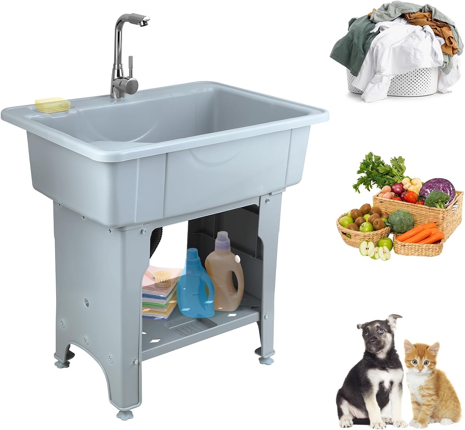 Portable Laundry Sink with Removable Washboard & Faucet, Freestanding PP Plastic Utility Tub, Outdoor Hand Wash Station with Hot/Cold Hose Hook Up for Garage, Basement, Backyard Grey