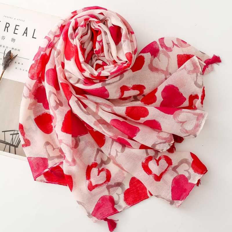 Red Scarf Patterns Heart Printed Festive Scarf for Women Long Scarf for Holiday3