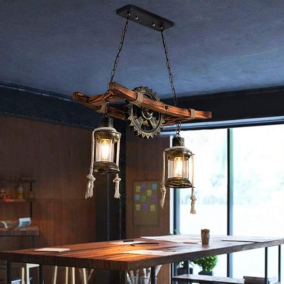 AHQX Rustieke Houten Hanglampen Vintage Eiken Opknoping Eettafel Kroonluchter Industriële Metalen Plafondverlichting Retro Droplight Shade photo 3