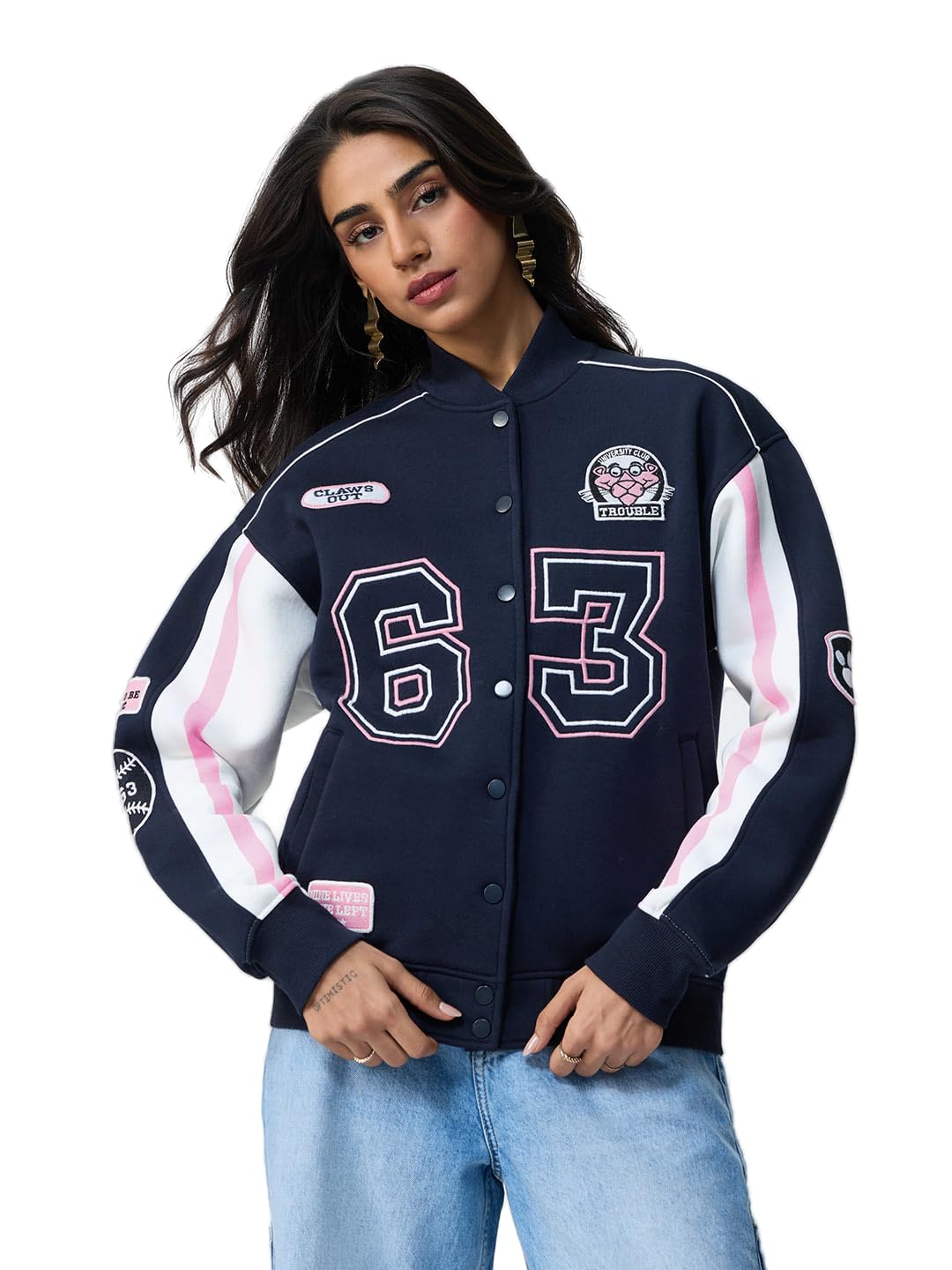 the souled store Pink Panther: Pink Play Women and Girls Full Sleeves Band Collar Navy Blue Graphic Printed Cotton Polyester Oversized Fit Lightweight Varsity Jacket-picture-18