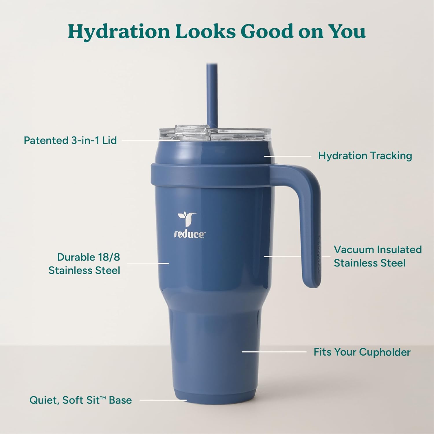 Reduce 40 oz Stainless Steel Tumbler with Handle - Dual-Wall Vacuum Insulated Travel Mug, Sweat-Proof Lid & Reusable Straw - Keeps Drinks Cold for 24 Hrs, Fits Cupholders, Dishwasher Safe-Mineral Blue - Image 4