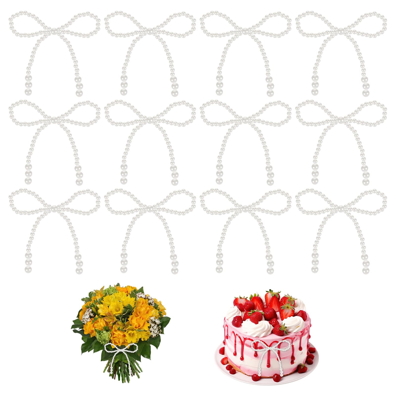 Mabor 12Pcs Pearl Bow Cake Topper, Elegant White Pearl Bows Decorations for Weddings Birthdays Bridal Showers, Bowknot Toppers for Cakes Bouquets Party Decoration Supplies