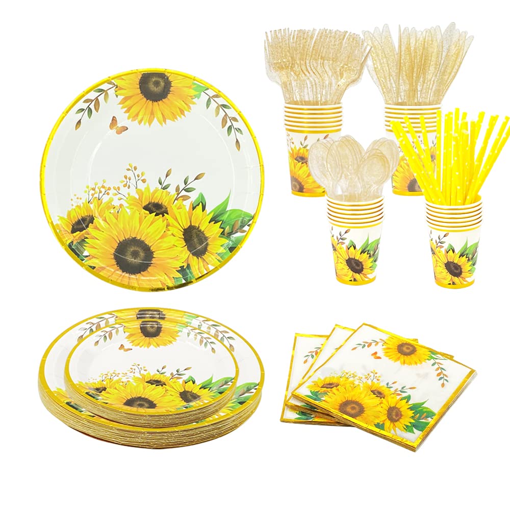 168PCS Sunflower party plates and napkins sets for 24 Guests, Sunflower Party Supplies For Birthday, Baby Shower, Bridal Shower & Wedding Decor…