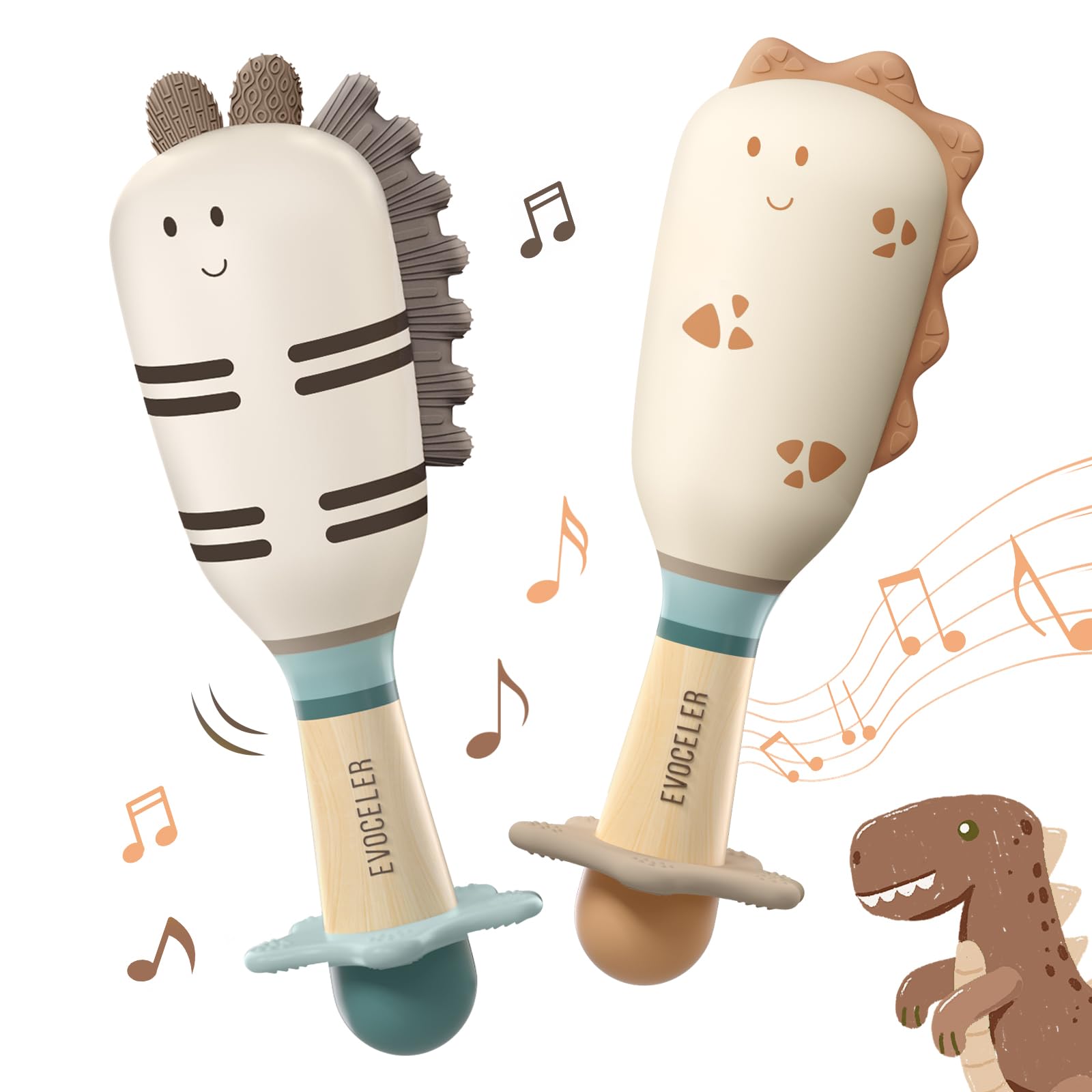 Evoceler Baby Rattle Toys, 2 Pcs Dinosaur Zebra Sensory Shaker, BPA-Free Baby Teething Toys for Newborns, Soft Sensory Toy with Sound for Babies Infant Girls Boys 0+ Months Gifts