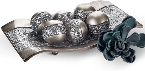 Creative Scents Schonwerk - Cuenco decorativo plateado con 6 orbes a juego, decoración de mesa auxiliar con bolas de esfera de resina para sala de