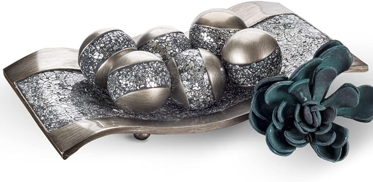 Creative Scents Schonwerk Silver Decorative Centerpiece Bowl with 6 Matching Orbs- Coffee Table Decor with Resin Sphere Balls for Living Room Dining Room Table - Decorations for Home Decor