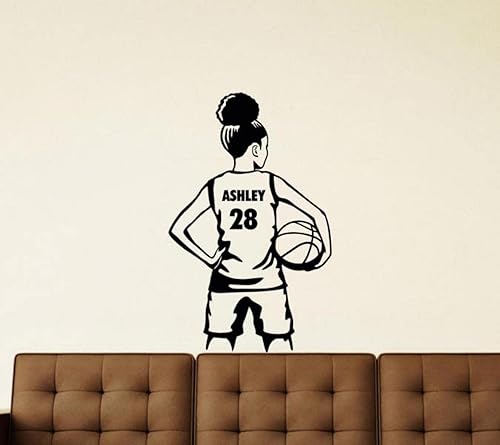 Miniatura 2 de Calcomanía de vinilo personalizada de baloncesto para niña, nombre y número personalizados, arte de pared de jugador de baloncesto, etiqueta de