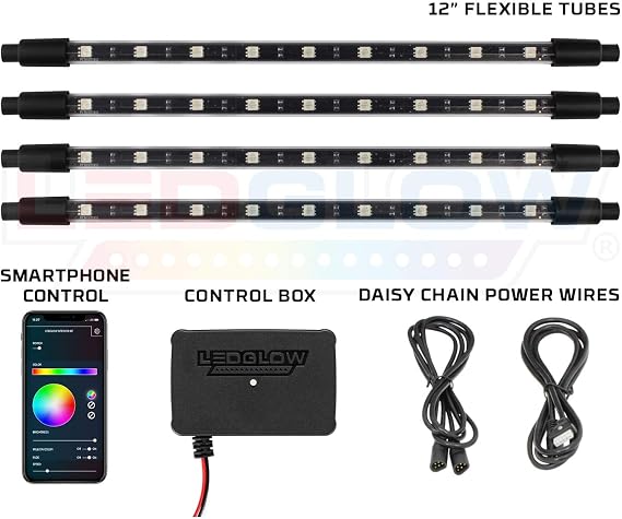 LEDGlow 4pc Bluetooth Multi-Color LED Interior Footwell Underdash Neon Lighting Kit for Cars & Trucks - Smartphone App - Create Any Color - Courtesy Lights - Music Mode - Control Box - Universal