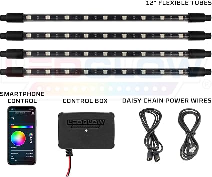 LEDGlow 4pc Bluetooth Multi-Color LED Interior Footwell Underdash Neon Lighting Kit for Cars & Trucks - Smartphone App - Create Any Color - Courtesy Lights - Music Mode - Control Box - Universal