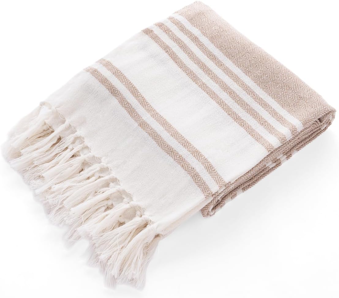 Beige Set of 2 Turkish Beach Towel – 100% Cotton, Quick Dry, Lightweight and Sand Free – Perfect for Bathroom, Travel, Yoga, Camping, Oversized 36x71 inches - Cotton Bath Towels