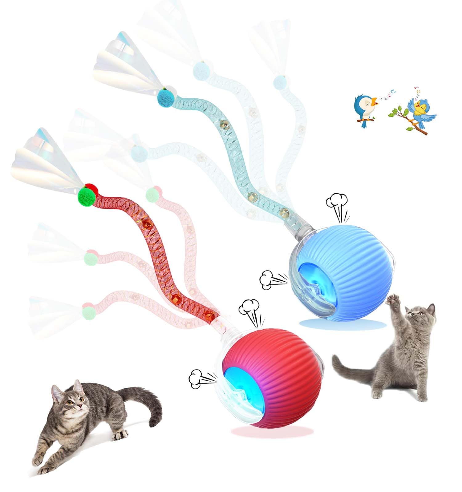 Fuijeuj 2 Pcs Interactive Cat Toys for Indoor Cats,Kitten Toys with Chirping & Motion Activate,Interactive Cat Toy for Bored Indoor Adult Cats,Red and Blue