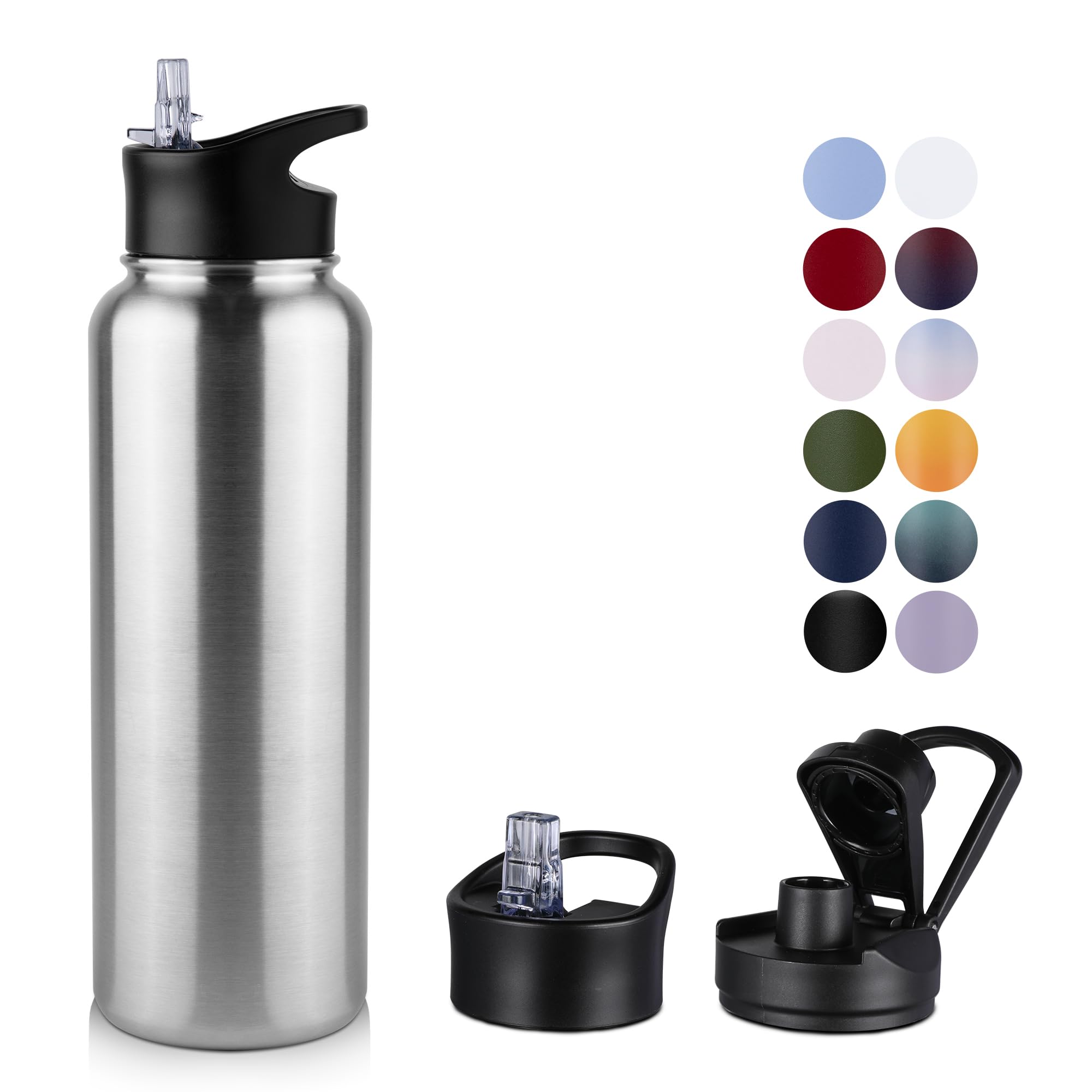 MURBONE Insulated Water Bottle, 1.2L Stainless Steel Drink Flask with Straw, BPA Free, Leakproof Double Walled Vacuum Water Bottle, 2 Lids (Straw and Spout) — image 1