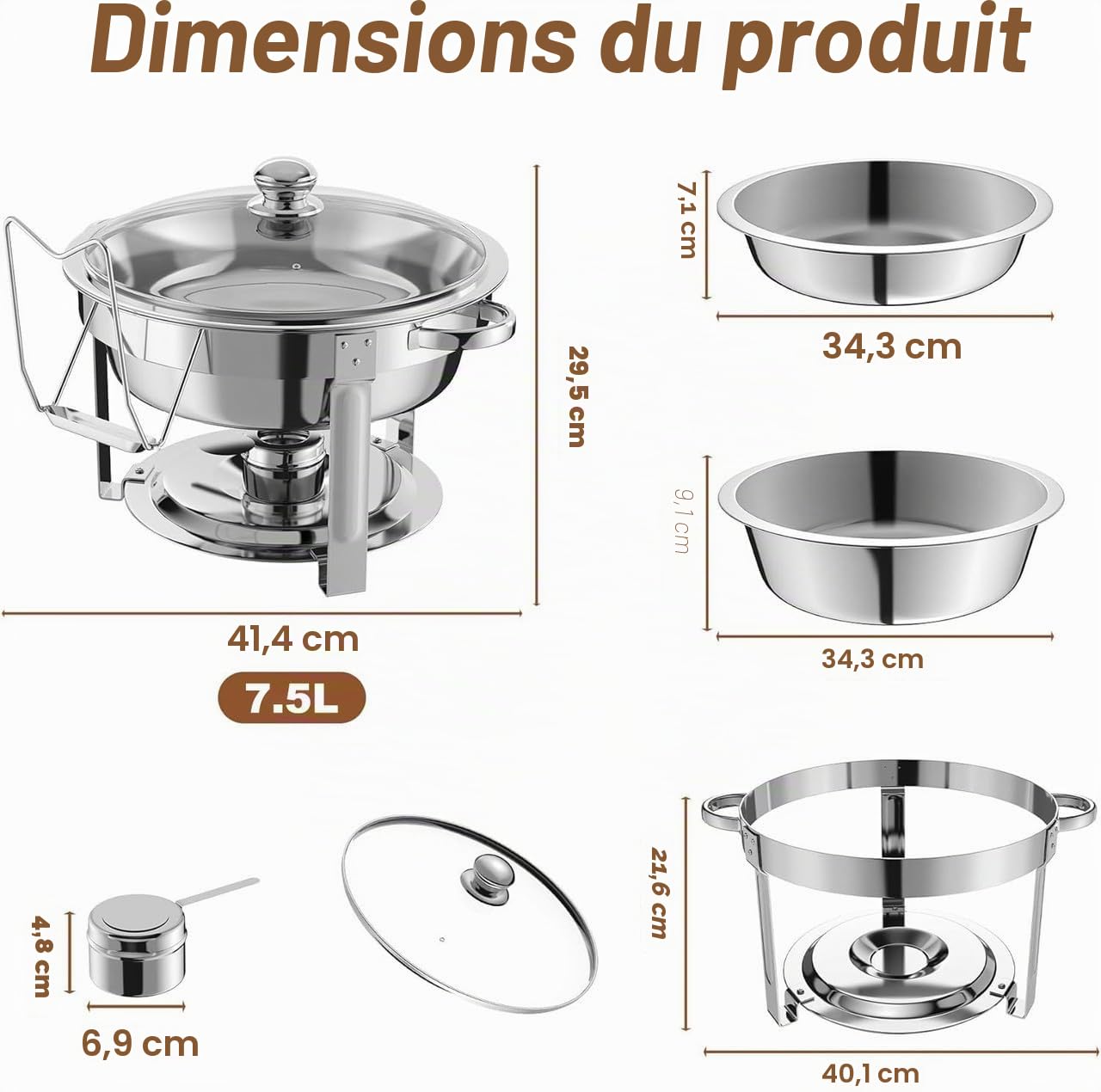 NArra Lot de 4 Plats à réchaud pour Buffet, 7.5 L Couvercle Rond en Verre, en Acier Inoxydable, Cadre épais avec couvercles en Miroir, Chauffe-Plats pour fêtes, Mariages, Pique-niques