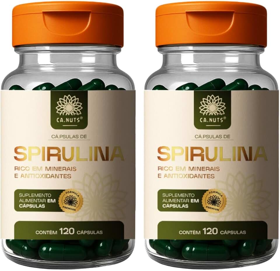 Spirulina em Cápsulas Ca.Nuts | Superalimento Natural – Mais Energia e Imunidade Forte – Rica em Proteínas, Ferro, Vitaminas – Vegana e Sem Glúten (2 Potes - Para 60 dias (240 Cápsulas))