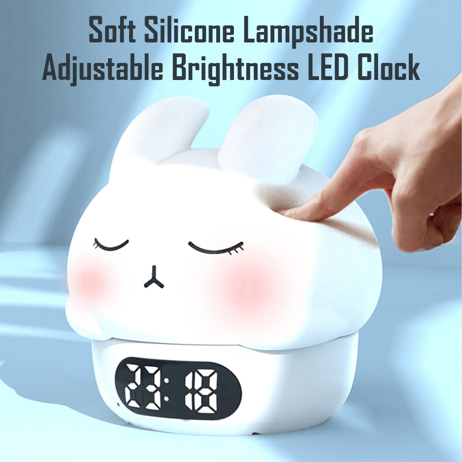 Cute Bunny - Luz nocturna recargable RGB, pantalla de silicona suave, reloj LED de brillo ajustable, fecha, alarma, termómetro, temporizador, control de grifo, lámpara de dormitorio, regalo para niñas
